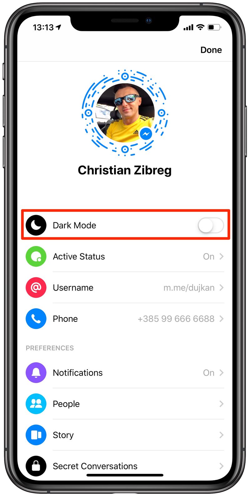 Bascule en mode sombre de Messenger dans les paramètres