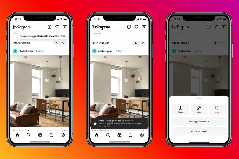 Promotional image showing controls to influence suggested posts in the main Instagram feed on iPhone