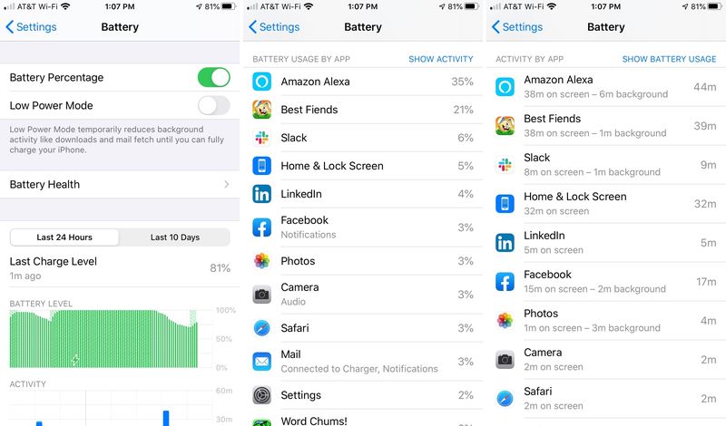 Utilisation de la batterie par application iPhone