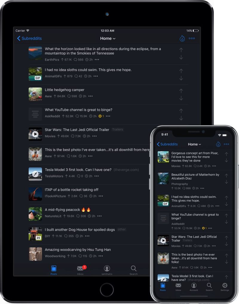 Apollo pour Reddit vous permet de basculer entre les thèmes Dark et Light, ce dernier étant disponible sous une forme suralimentée, appelée Pure Black Dark Mode