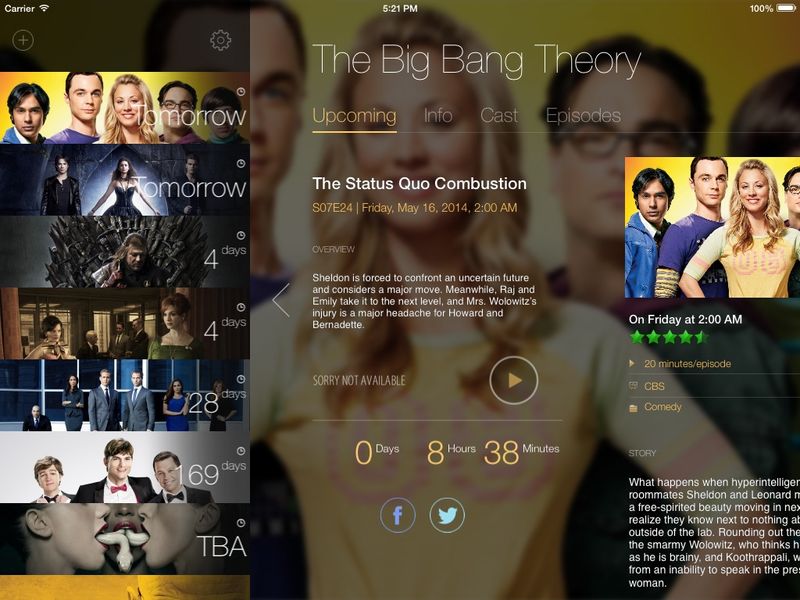 TeeVee 3.0 for iOS (iPad screenshot 002, With Sidebar)