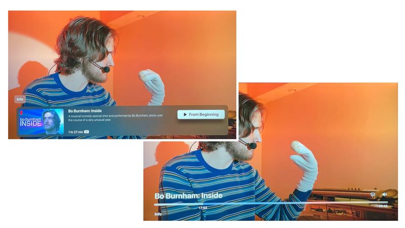 A composition of two screenshots showcasing the native tvOS 15 video player in Netflix for Apple TV