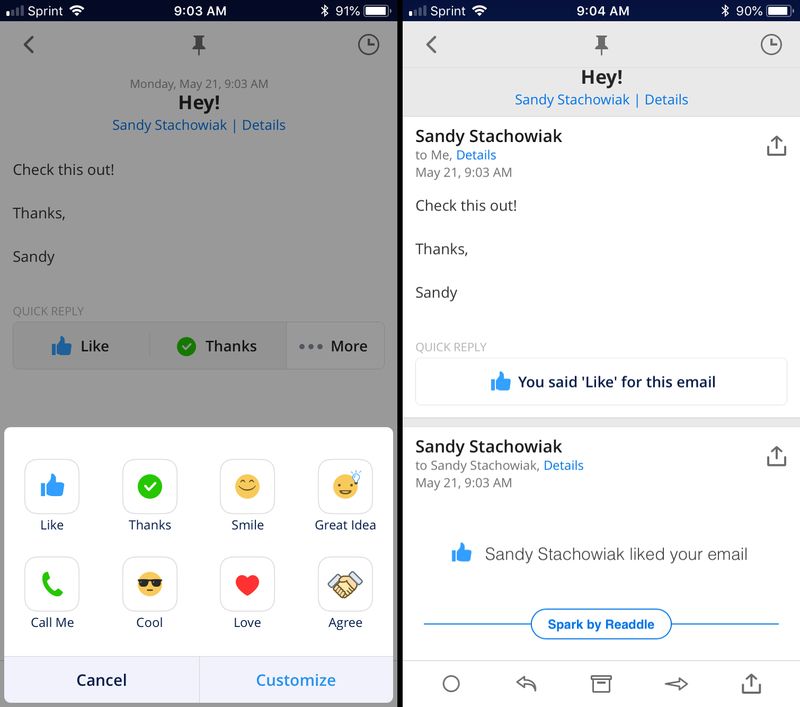Spark email features - send quick reply