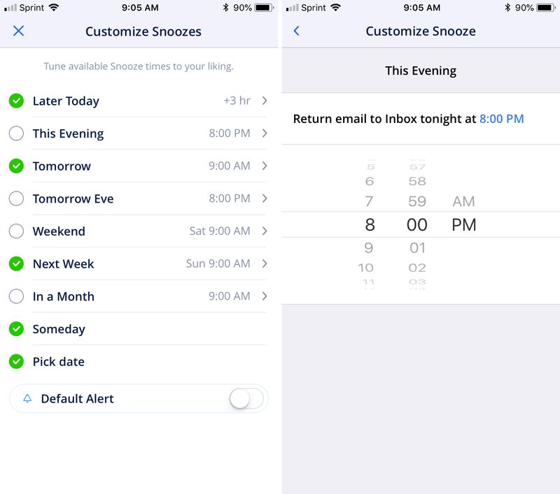 Spark email features - customize snoozes