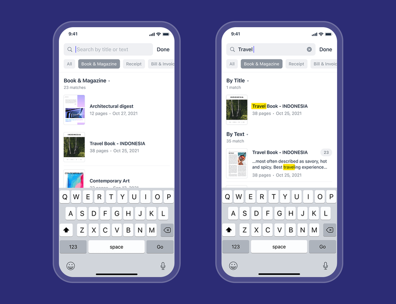 Promotional graphic from Readdle showing searching by category and the Smart Categories feature on iPhone