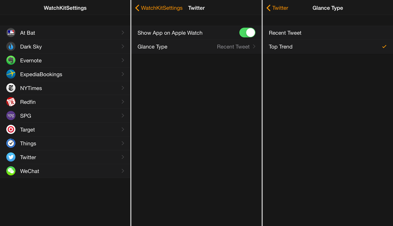WatchKit Settings Twitter Glances