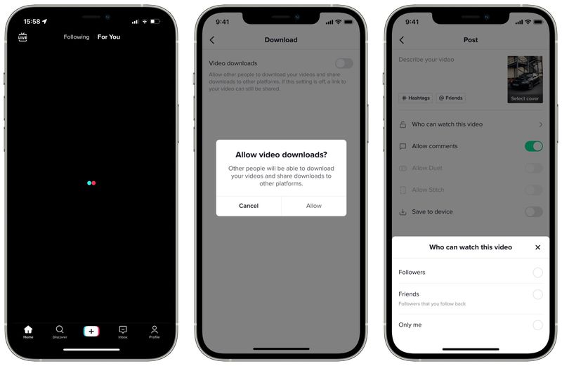 Three iPhone screenshots of TikTok
