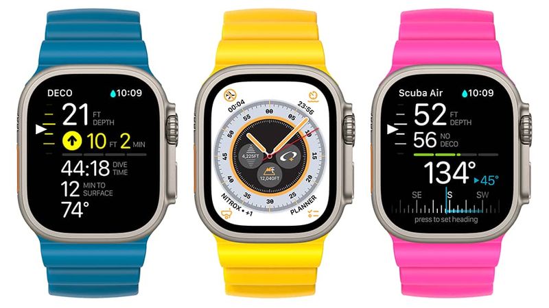 Three Apple Watch Ultra device screenshots showcasing the Oceanic+ app