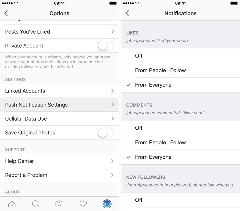 adjust instagram notifications
