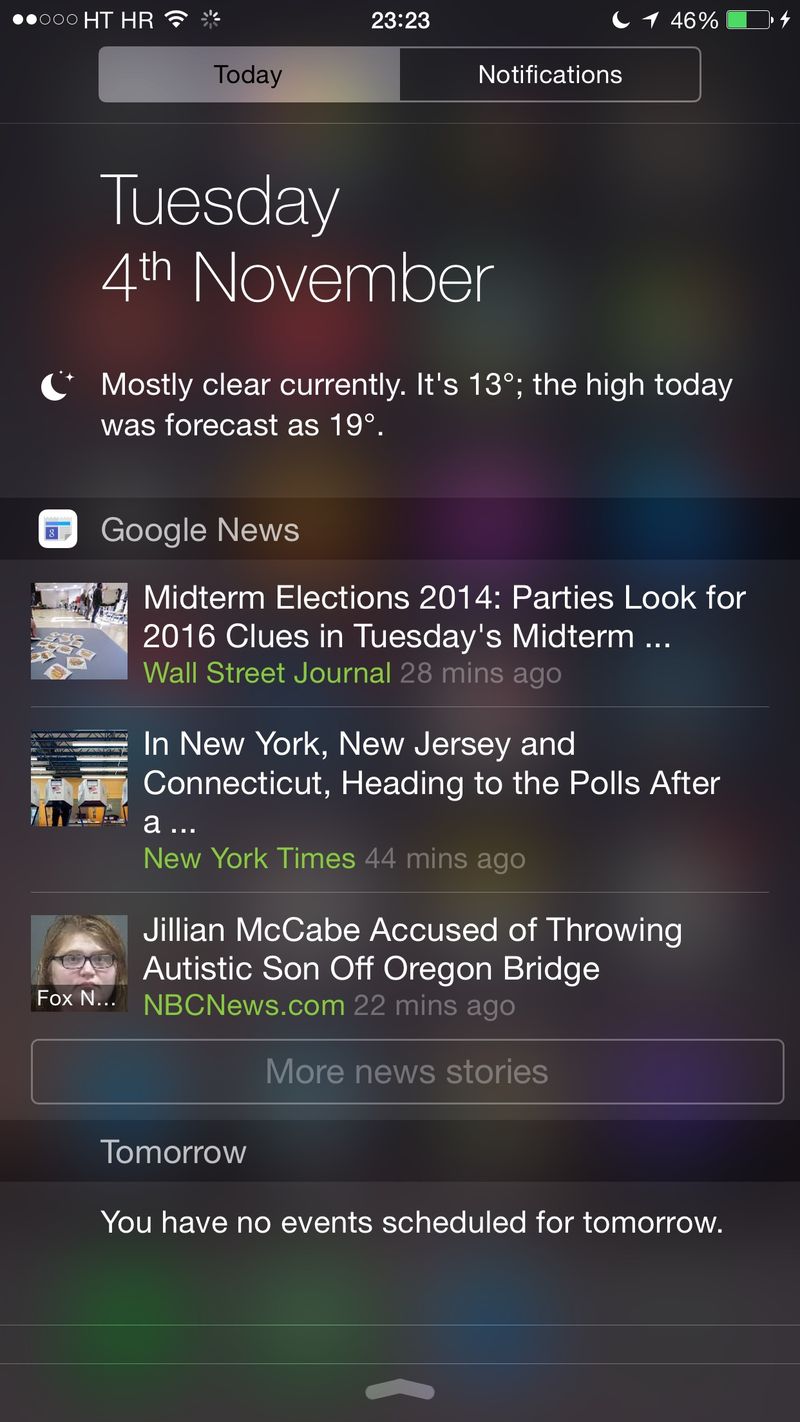 Google News and Weather 1.1.276 for iOS (iPhone screenshot, iOS 8 Today widget)