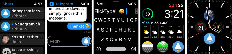 Apple Watch screenshots showing features in Telegram client Nanogram