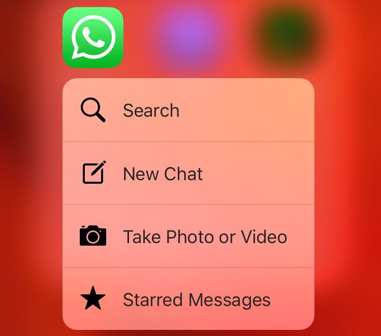 WhatsApp 2.12.14 3D Touch shortcut menu Home screen iPhone 6s screenshot