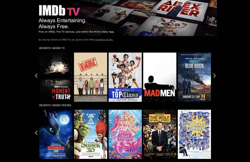 A screenshot of the IMDB TV website