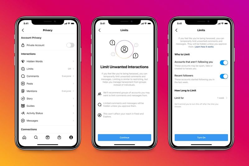 Three iPhone screenshots, left to right: Instagram privacy settings, Instagram Limits and settings for the Limits feature
