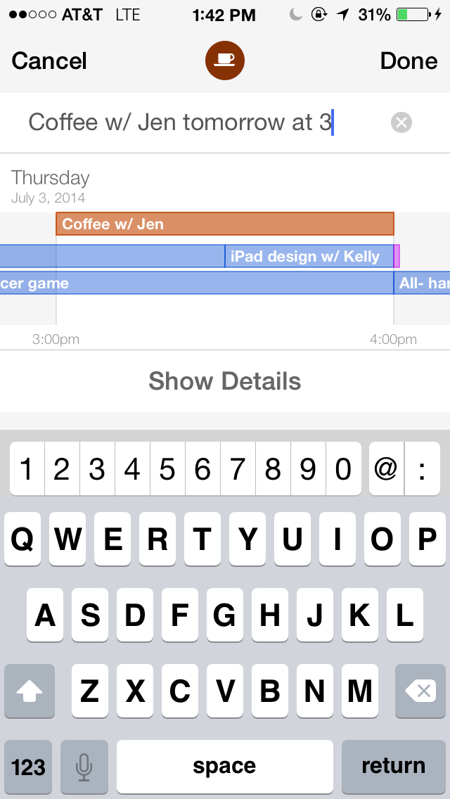 Tempo Smart Calendar 1.4 for iOS (Natural Language Processing, iPhone screenshot 002)