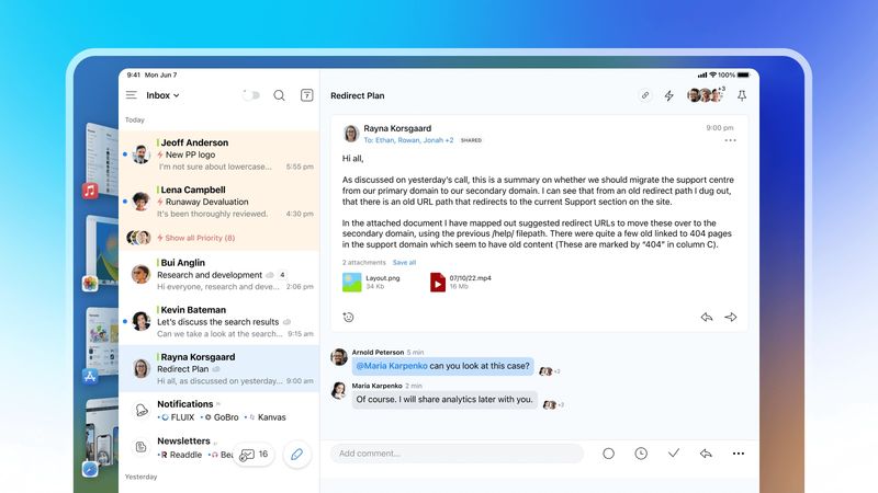 Marketing image showcasing Stage Manager multitasking support in the Spark email app