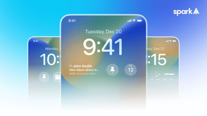 Marketing image showcasing iPhone lock screen widgets in the Spark email app