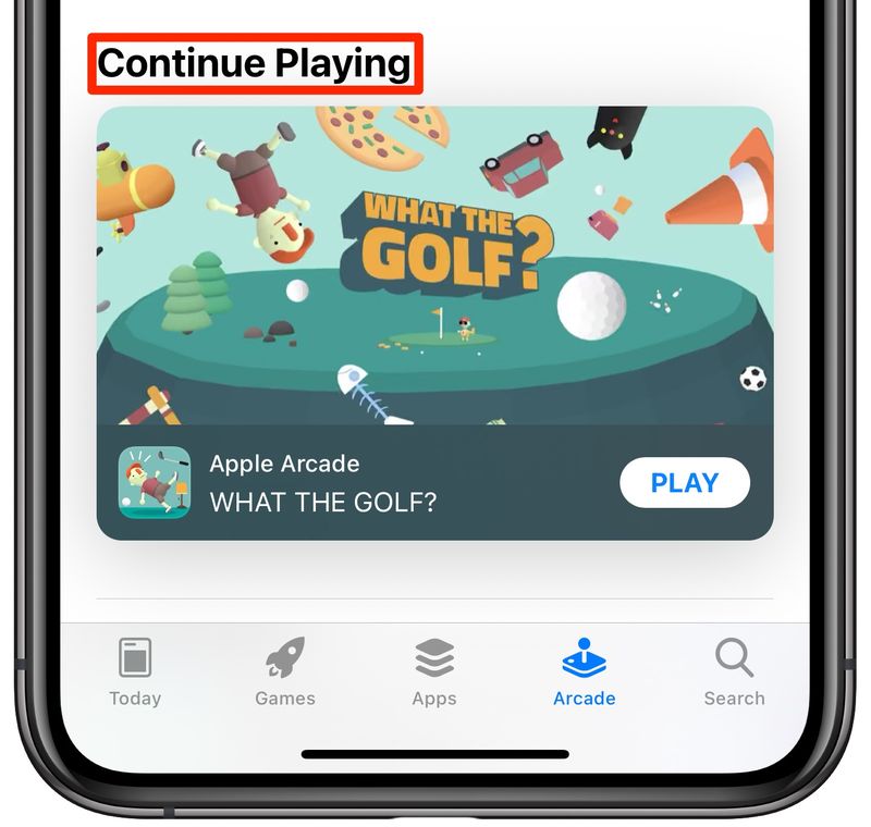 resume Apple Arcade game - iPhone screenshot showing the Continue Playing section