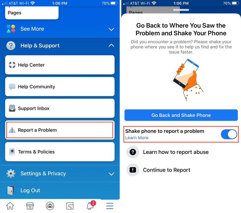 Facebook Signaler un problème Shake iPhone