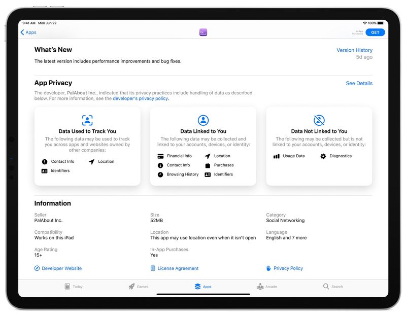 An iPad screenshot showing the App Privacy section for an App Store listing