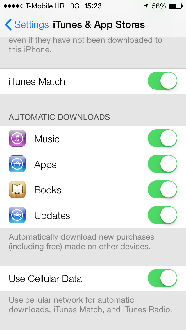 iOS 7 (Settings, iTunes and App Stores, Automatic Downloads 001)