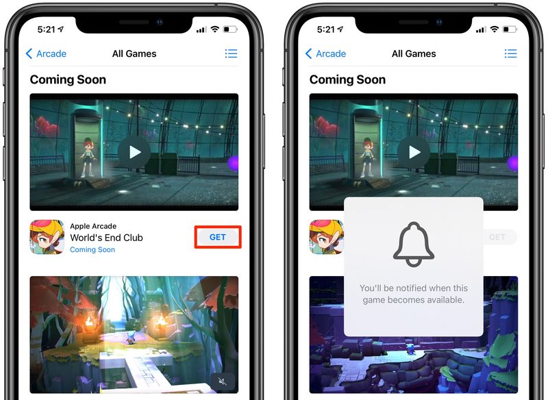 Upcoming Apple Arcade games - a message say gin the user will be notified when the game becomes available