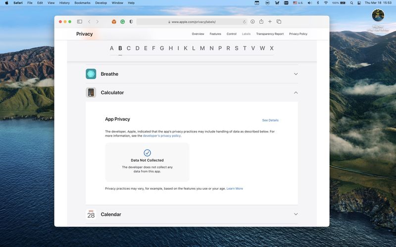 A screenshot of a webpage on the Apple website listing privacy information for all stock Apple apps on iOS, iPadOS and macOS