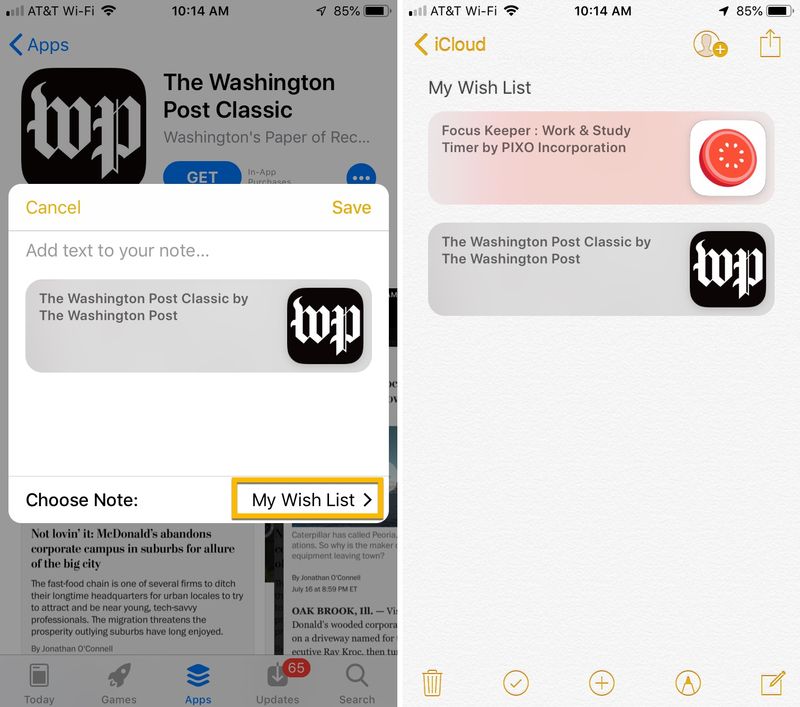 Ajouter une application à la liste de souhaits dans les notes