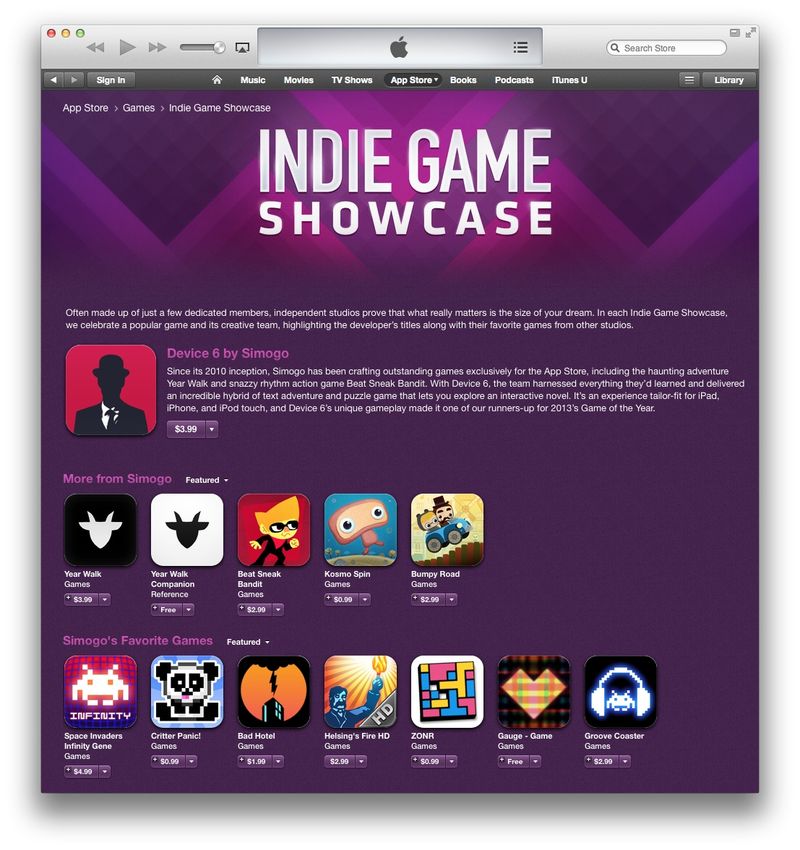 App Store (Indie Game Showcase, desktop iTunes screenshot)