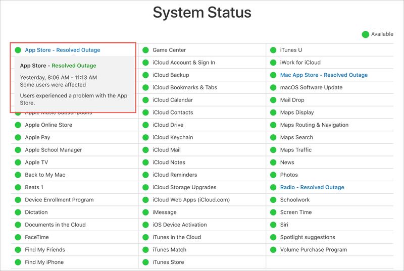 État du système Apple en panne sur l