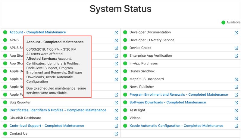 État du système Apple du développeur