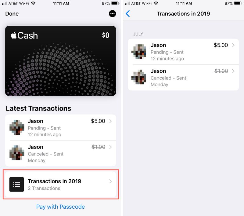 Transactions en espèces Apple dans Wallet iPhone
