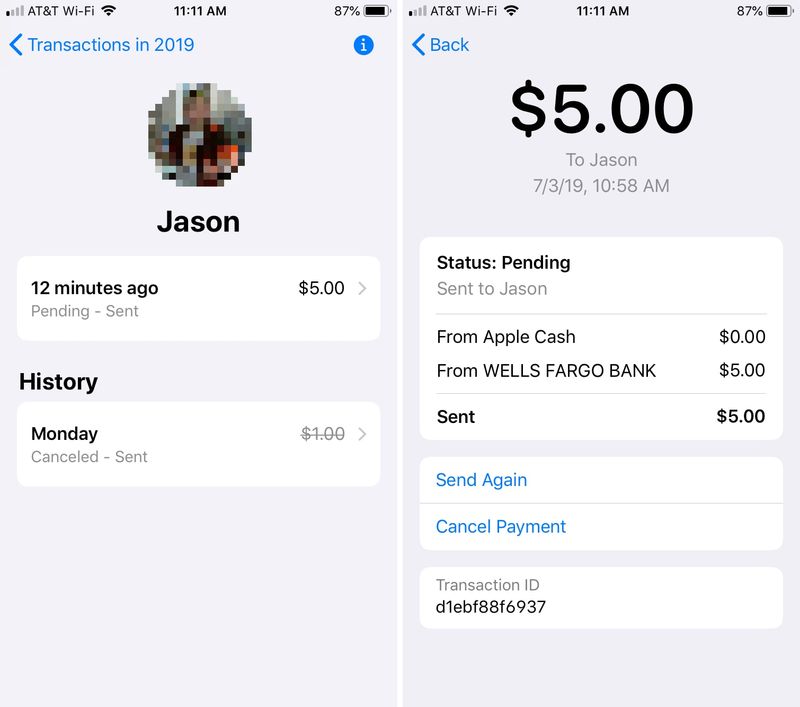 Détails de la transaction Apple Cash dans Wallet iPhone
