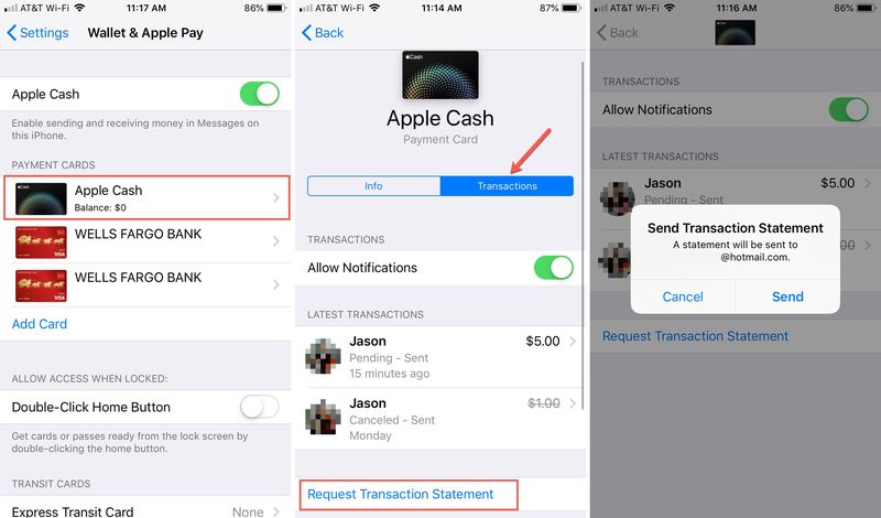 Transactions Apple Cash dans Paramètres iPhone