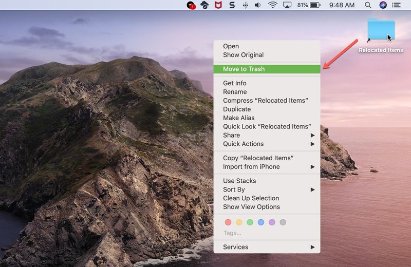 Relocated Items Shortcut Move to Trash