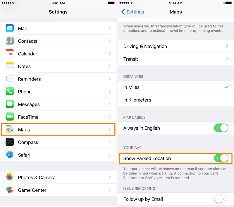 Maps app iOS 10 show parked location