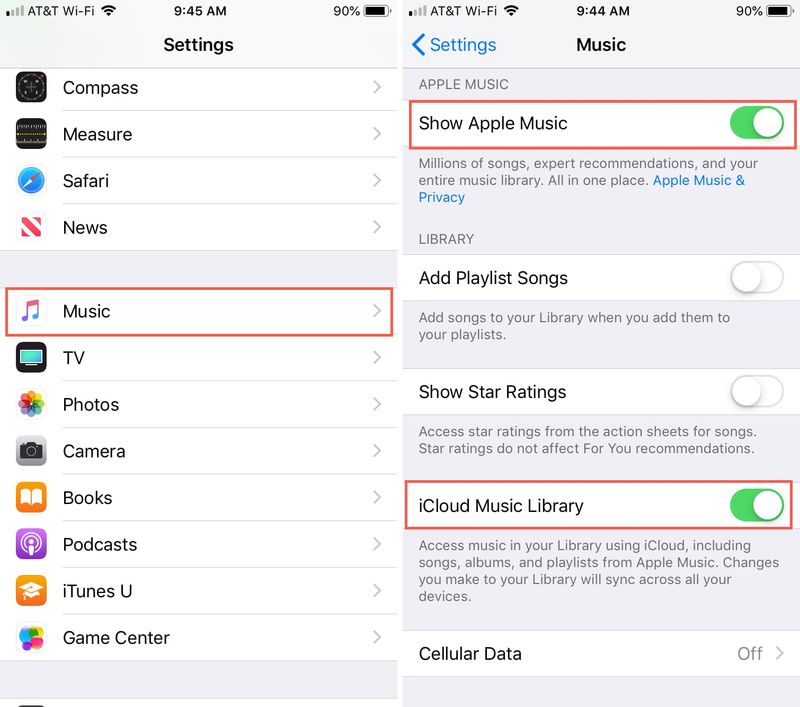 Paramètres de musique Apple Music Bibliothèque musicale iCloud