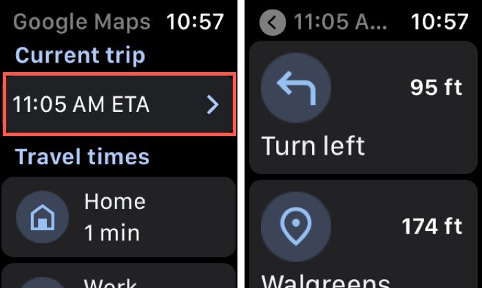 Current Trip in Google Maps on Apple Watch