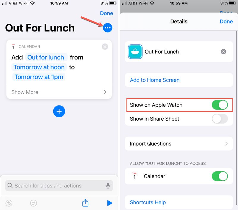 Show Shortcut on Apple Watch iPhone