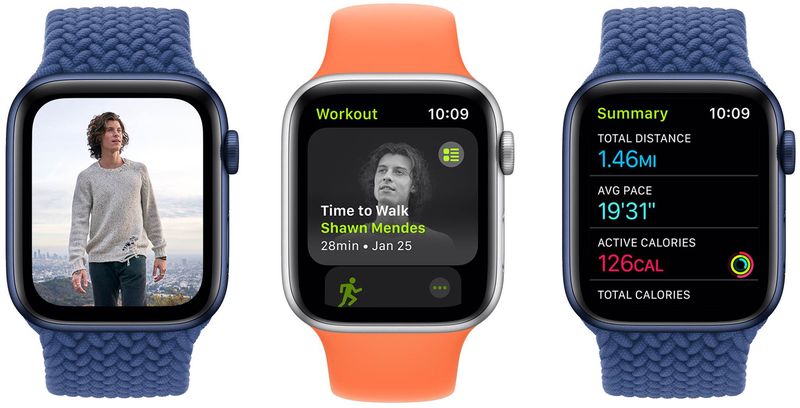 Apple Watch screenshots showing the Time to Walk audio walking session with Shawn Mendes