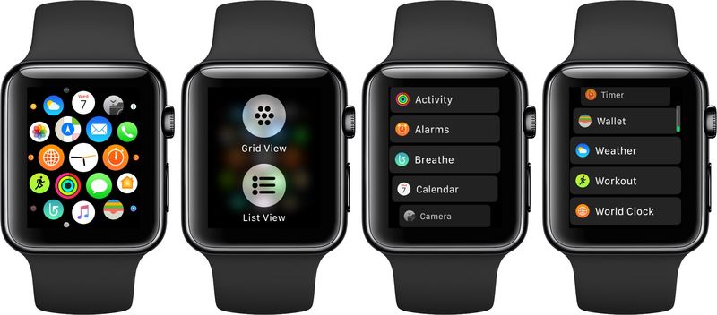 switch from grid to list view apple watch