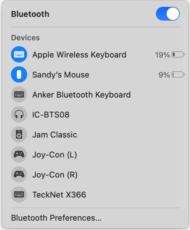 Fenêtre contextuelle des niveaux de batterie Bluetooth