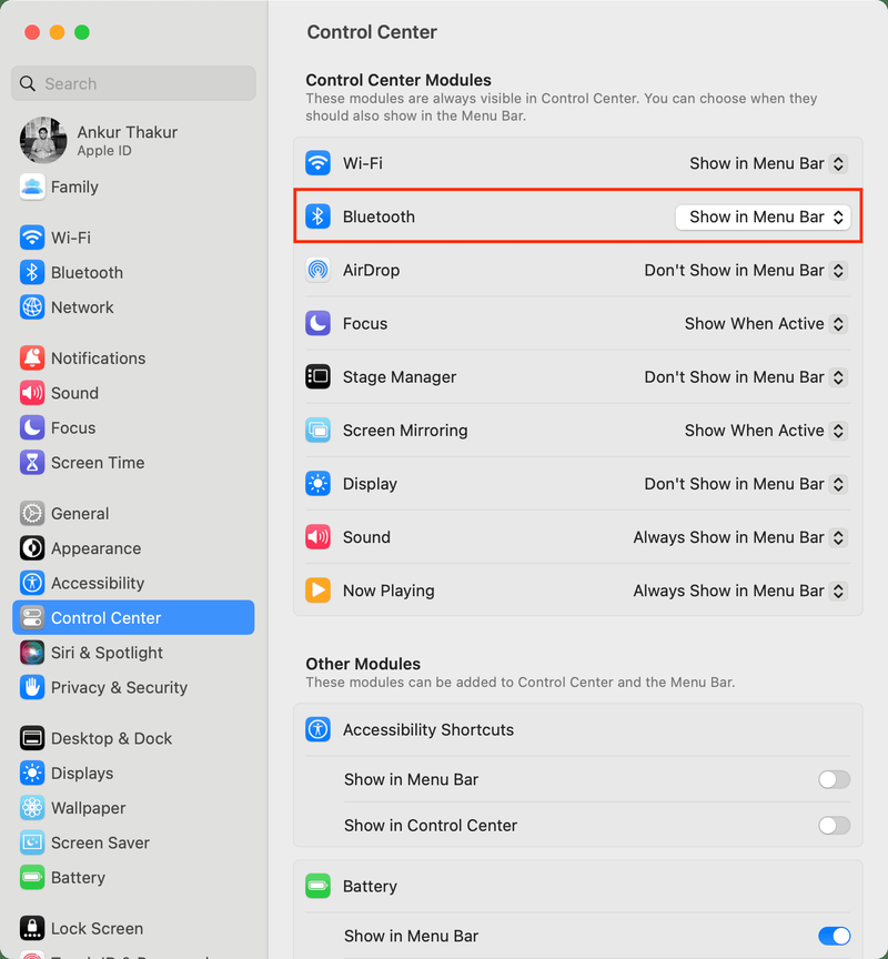 Afficher Bluetooth dans la barre de menus sur Mac