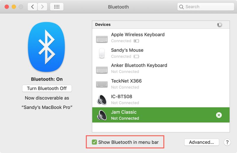 Afficher Bluetooth dans la barre de menus