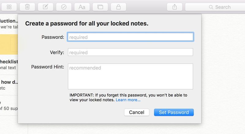 Protection par mot de passe OS X El Capitan Notes Mac capture d