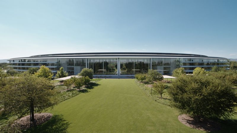 An aerial image showing the main entrance to the Apple Park building
