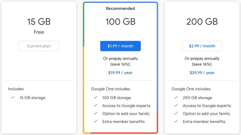 Forfaits de stockage Google Photos