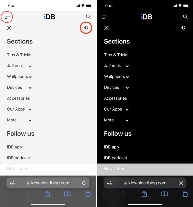 Mode sombre sur un site Web dans Safari sur iPhone