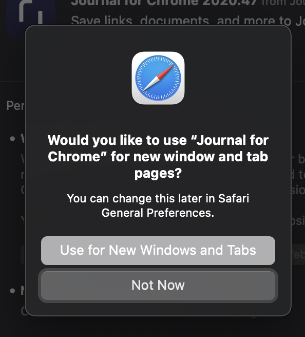 A screenshot showing the recompiled Journal for Chrome extension running in Safari. A popup is shown asking the user whether they would like to use the extensions to customize Safari