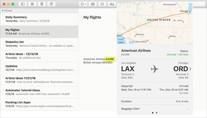 Flight Preview in Notes on Mac